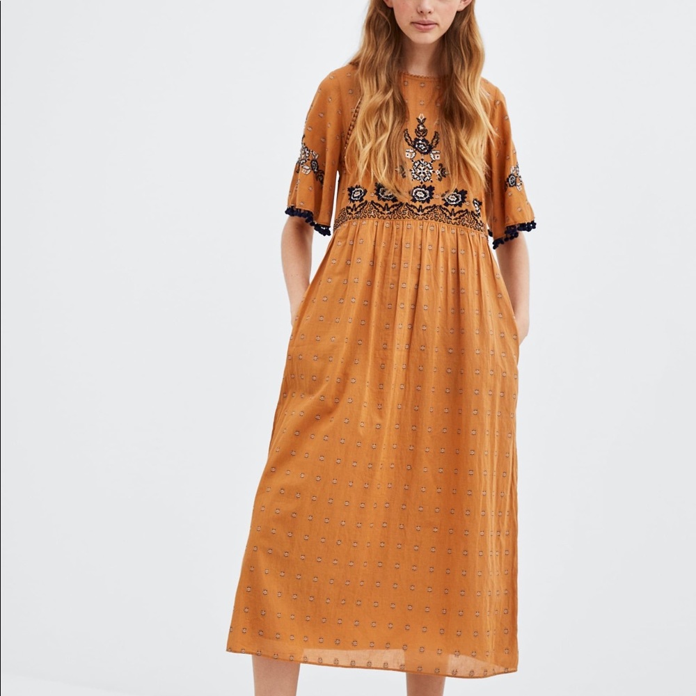 Zara Midi Embroidered Cotton Dress XS